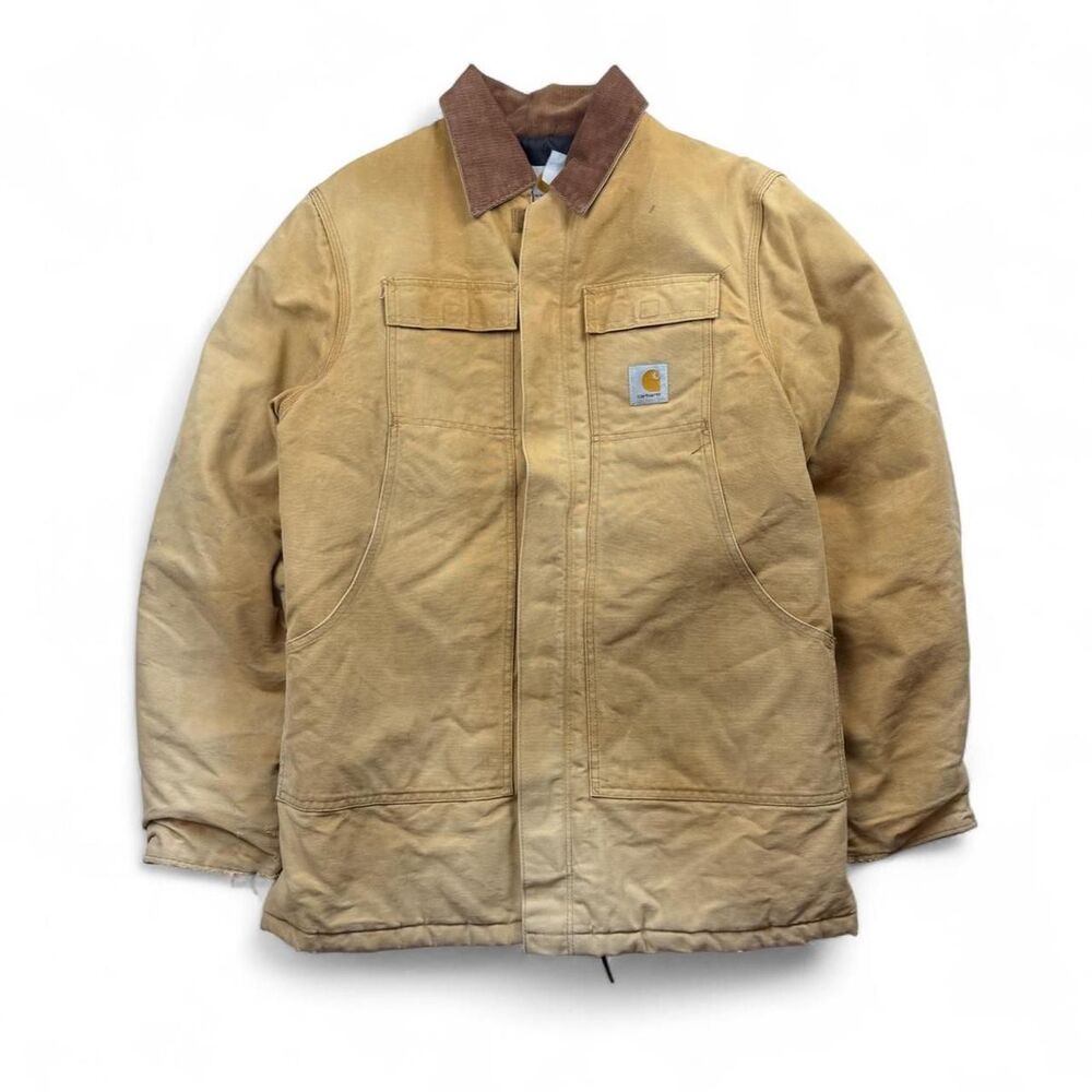 Vintage Carhartt Duck Canvas Chore Jacket Tan Corduroy Collar Quilt Lined Sz M/L
